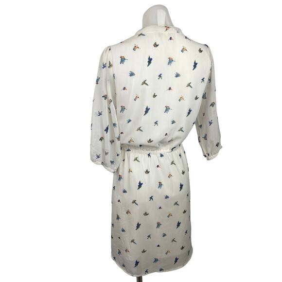 Yumi White Bird Print V-Neck Half Sleeve Elastic Waist Pull On Shirt Dress 6/8 - Picture 2 of 4
